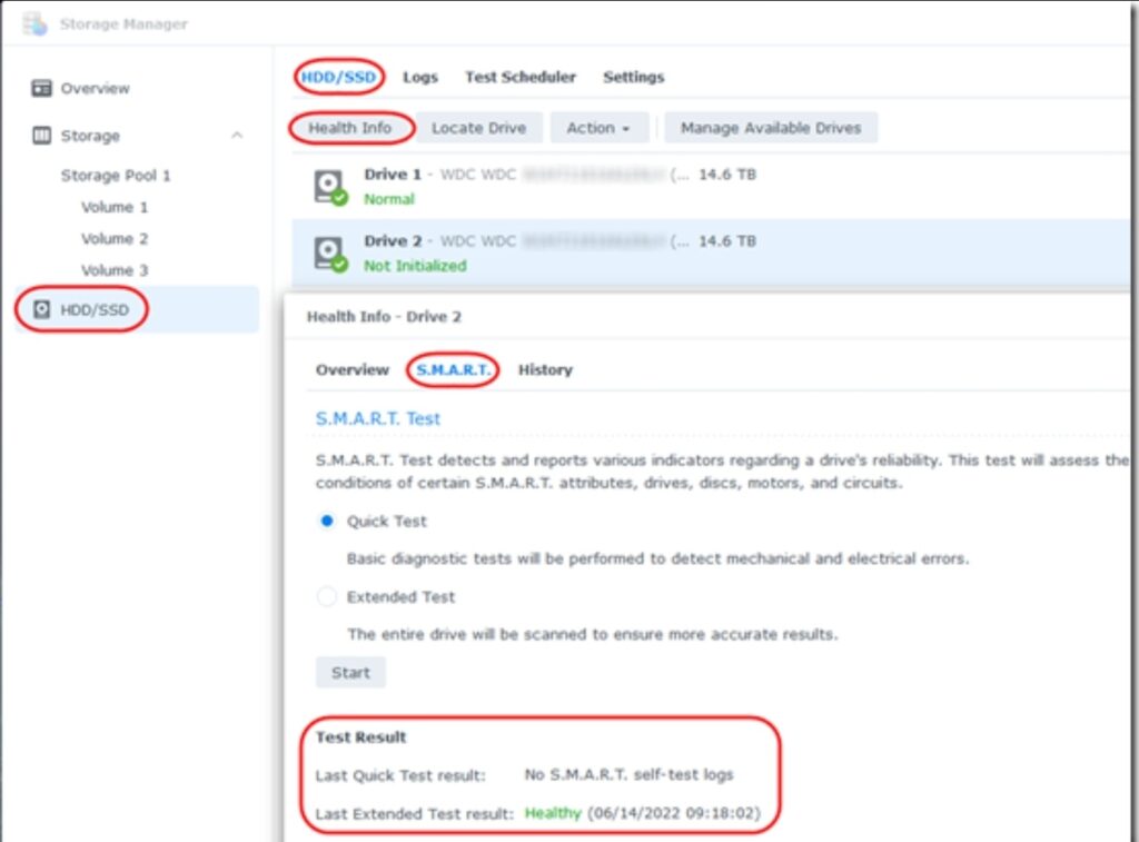 시놀로지 NAS '저장소 관리자'에서 S.M.A.R.T. 검사 결과가 'Healthy'로 표시된 화면