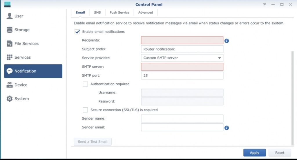 시놀로지 NAS 제어판의 '알림' 설정에서 이메일 알림을 활성화하는 화면