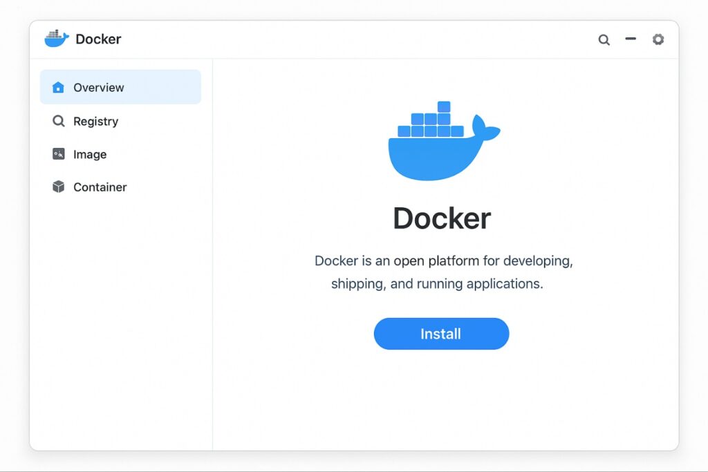 시놀로지 DSM 패키지 센터에서 Docker 패키지를 검색한 화면