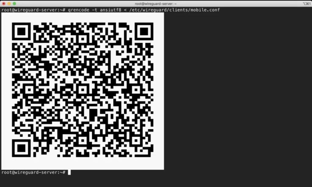 스마트폰 WireGuard 앱에서 스캔할 수 있는 QR 코드 통행증(Peer 1)
