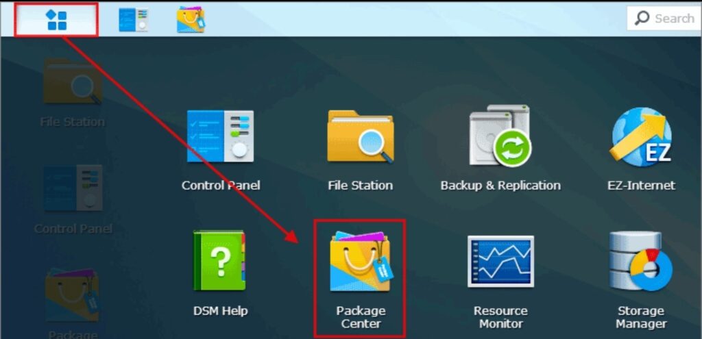 시놀로지 NAS(DSM) 바탕화면에서 '패키지 센터(Package Center)' 아이콘을 클릭하는 화면