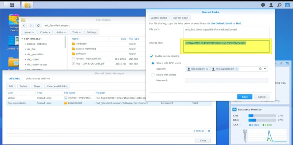 시놀로지 File Station에서 파일 공유 링크를 만들고 비밀번호와 만료 기간을 설정하는 팝업창