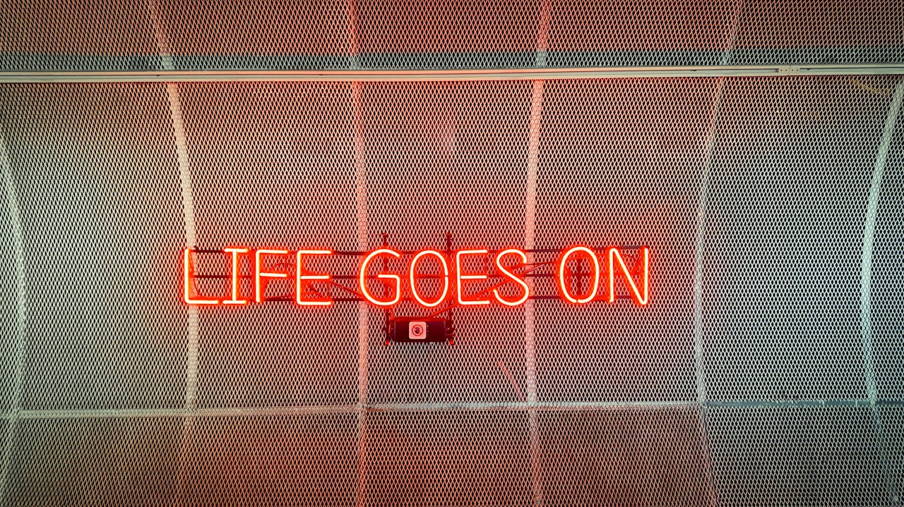 Bright neon sign reading 'Life Goes On' against a mesh background in Seoul.