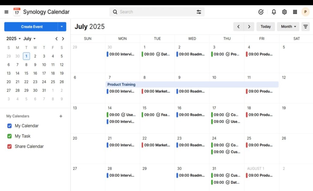 시놀로지 NAS에 설치된 Synology Calendar의 웹 브라우저 달력 화면