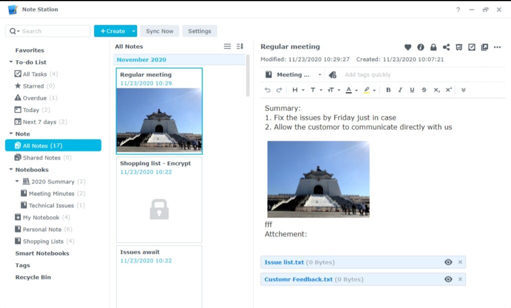 PC 웹 브라우저에서 실행된 Synology Note Station의 메인 화면 (노트북/메모 목록)