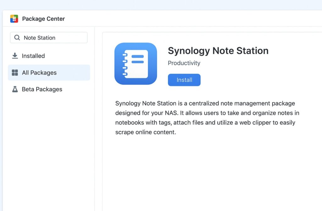 시놀로지 NAS의 패키지 센터에서 'Synology Note Station'을 검색해 설치하는 화면