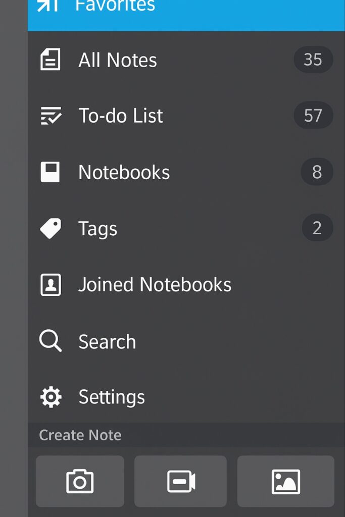 스마트폰용 DS note 앱에서 메모, 할 일, 노트북 메뉴를 보여주는 화면