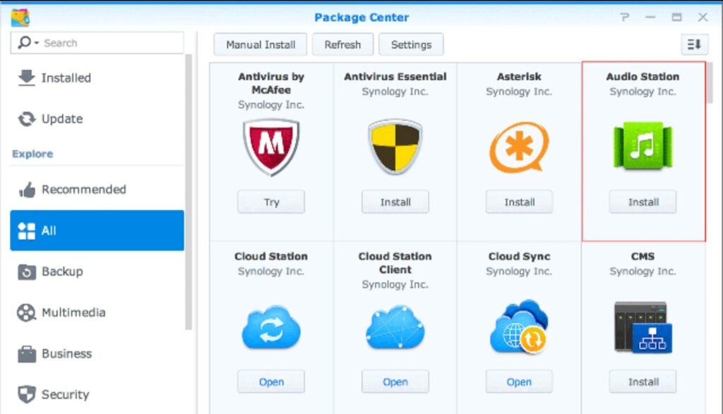 시놀로지 NAS의 패키지 센터에서 'Audio Station'을 검색해 설치하는 화면