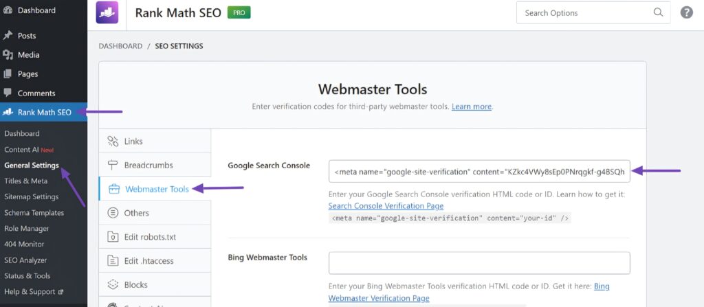 워드프레스 Rank Math 플러그인 'Webmaster Tools' 탭에 구글 서치 콘솔 코드를 붙여넣는 화면
