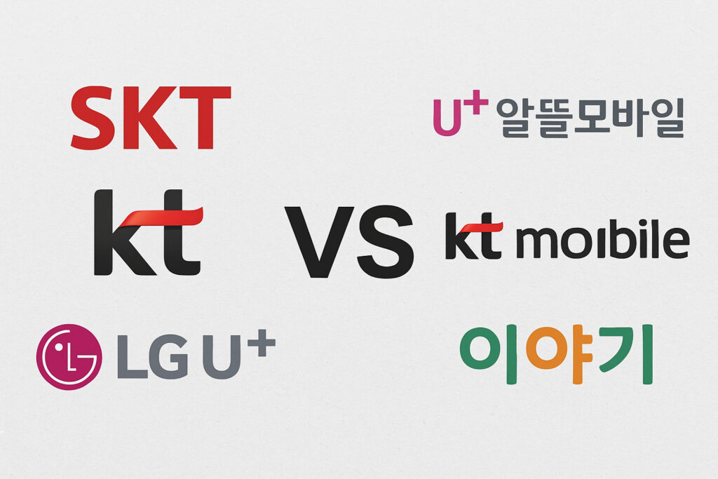 통신 3사(SKT, KT, LGU+)와 알뜰폰(U+알뜰모바일, kt mobile, 이야기) 로고가 비교되는 이미지