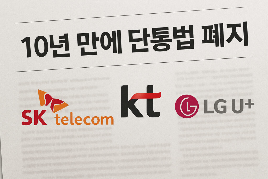 10년 만의 단통법 폐지를 알리는 신문 헤드라인과 SKT, KT, LGU+ 통신 3사 로고
